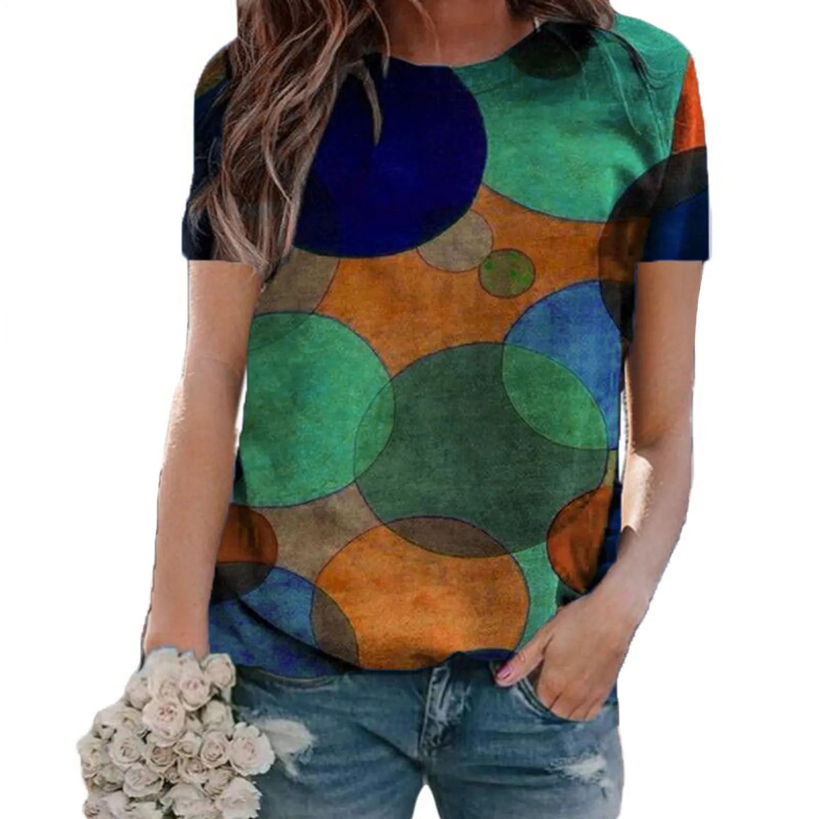 

Ladies loose polka dot print pullover round neck short sleeve top Ladies loose polka dot print pullover round neck short sleeve