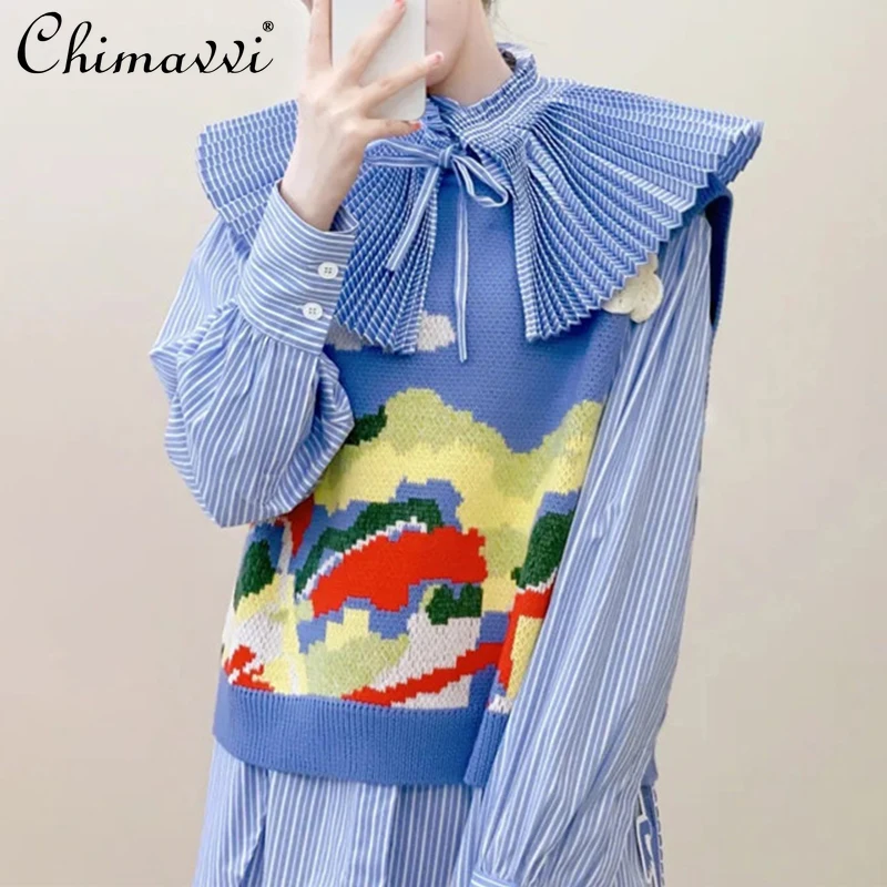 

2021 Autumn New Fashion Design Detachable Pleated Collar Striped Mid-Length Shirt Cartoon Loose-Knit Waistcoat Casual Suit