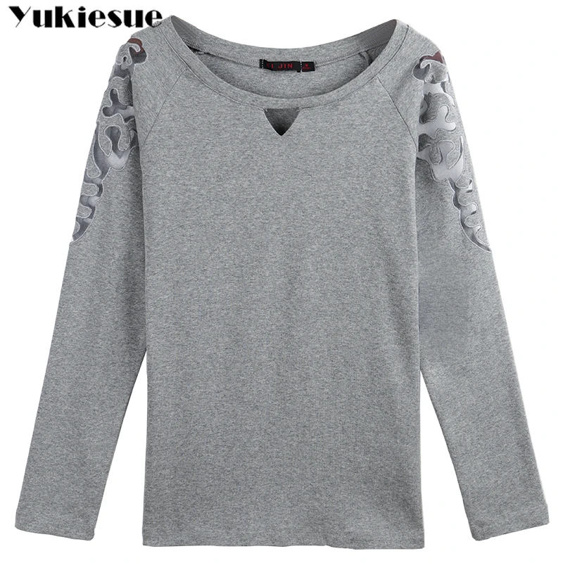 

Shoulder Embroidery T Shirt Women spring Cotton Black White Hollow Out Tee Shirt Femme Long Sleeve T-shirt Lady Tops Plus size