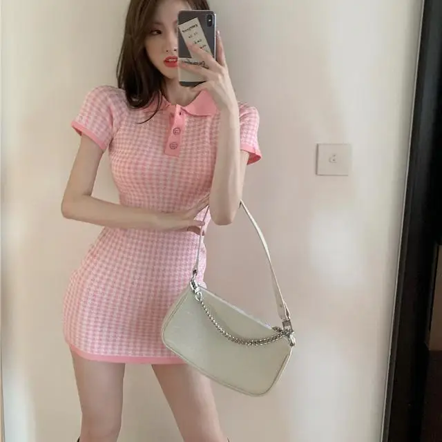 

Summer 2021 new sweet college style polo collar age reducing Plaid sexy temperament slim knit dress girl
