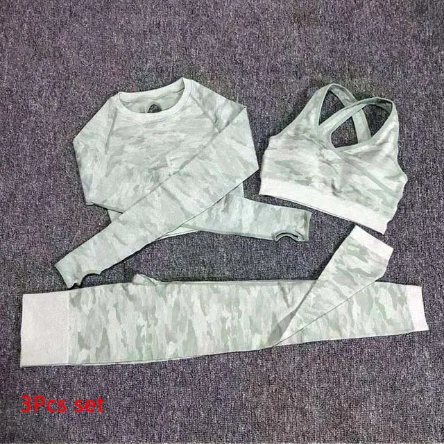 Green 3 Pcs set 3 шт., камуфляжный бесшовный комплект для йоги, леггинсы с высокой талией, спортивный бюстгальтер с длинным рукавом, укороченный Топ для женщин, одежда для бега, спортивный костюм для фитнеса - Цвет: Green 3 Pcs set
