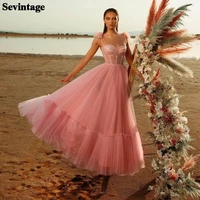 sevintage pink tiered tulle short prom dresses straps sequined tea length formal homecoming party dress princess evening gowns