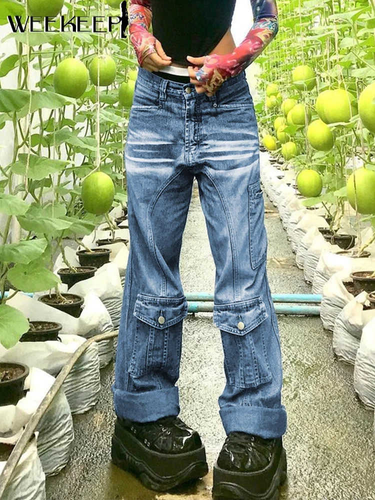 

Weekeep Streetwear Basic Jeans Women Middle Waist Pocket Patchwork Baggy Straight Denim Trousers Y2k Hot Autumn 90s Casual Pants