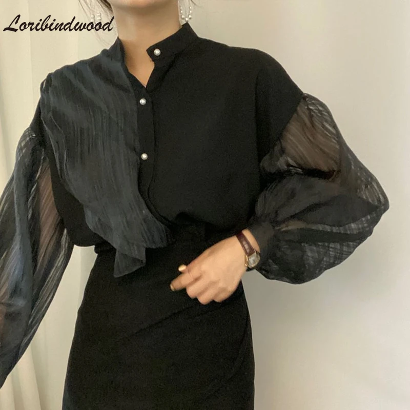 

Korean See Through Blouse Women Fashion Sexy Loose White Women's Shirt Puff Long Sleeve Mesh Blouse Elegant Clothes