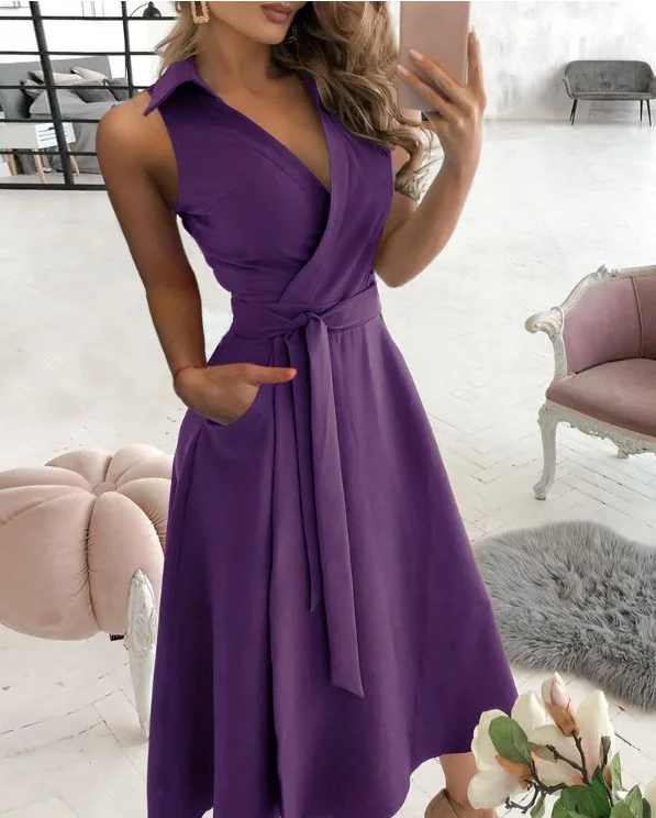 

2021 Spring and Summer New Women's Fashion Sleeveless V-neck Solid Color Temperament Leisure Pocket Dress