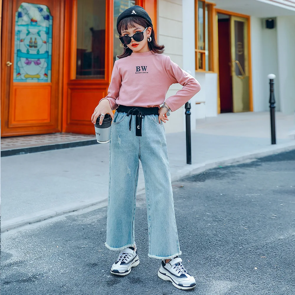 

Baby Jeans Autumn Winter Big Kids New 2020 Elastic Straight Stitching Casual Koreans Child Girls Cropped Pants