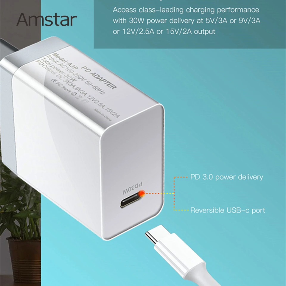 Amstar 30 Вт USB-C PD быстрая Зарядное устройство для iPad Pro MacBook iPhone 11 Pro XS Max XR X Тип usb C PD Зарядное устройство для Xiaomi huawei samsung