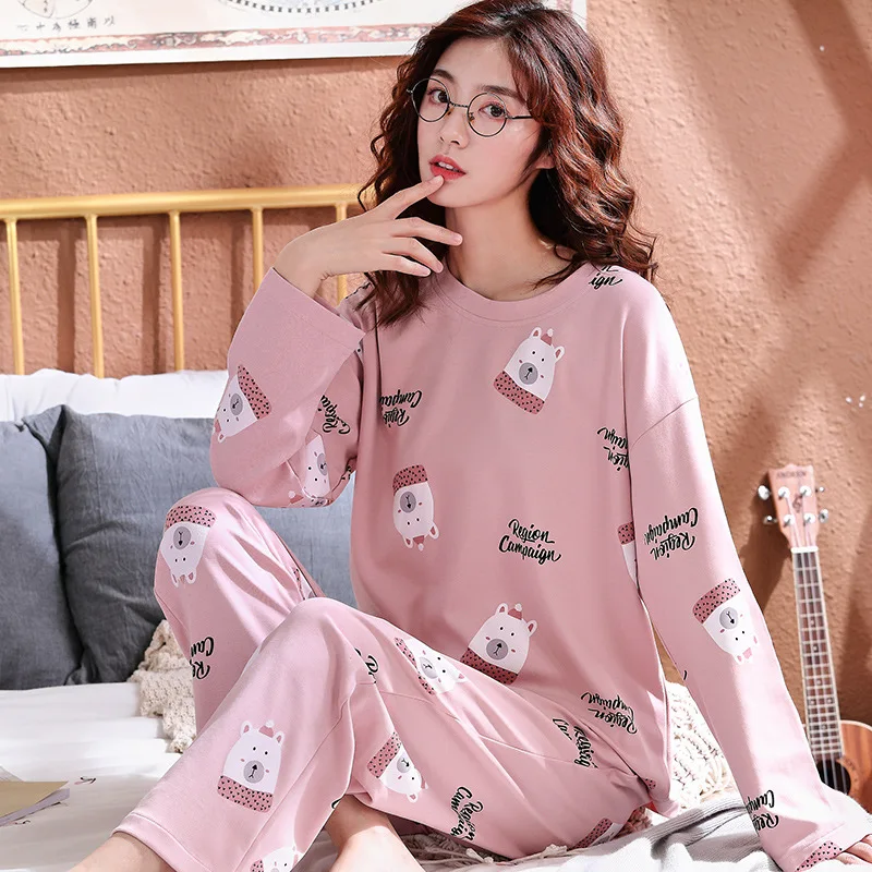 Style 2051 Пижамный комплект, Женский хлопковый весенне-осенний костюм из двух предметов с длинными рукавами, большие размеры, зимние студенческие милые брюки и топ, одежда для сна - Цвет: Style 2051