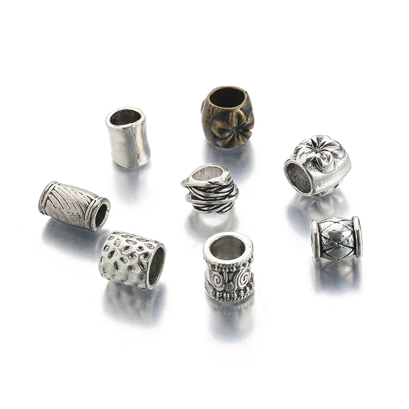 

10Pcs Tibetan Silver Metal Slide Spacer Tube Big Hole Beads For 6-10mm Round Leather Cord DIY Necklace Jewelry Making Findings