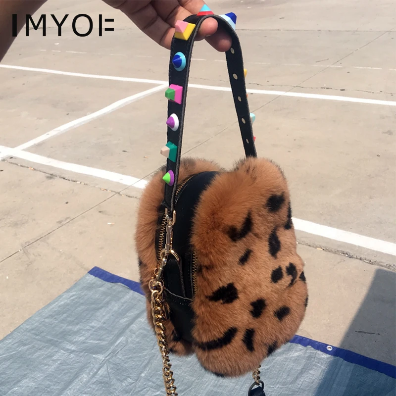 Новая роскошная женская зимняя сумочка из натурального меха кролика, женская сумка на плечо с леопардовыми заклепками, женская сумка через плечо, клатч, кошелек