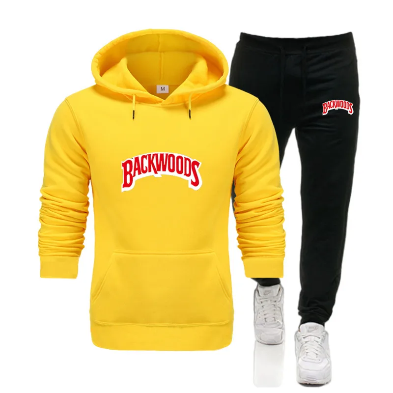 

2020 New Yellow O-Neck Hoodies Streetwear Backwoods Hoodie Sweatshirt men 2 piece set Autumn Winter tracksuit set Pullover