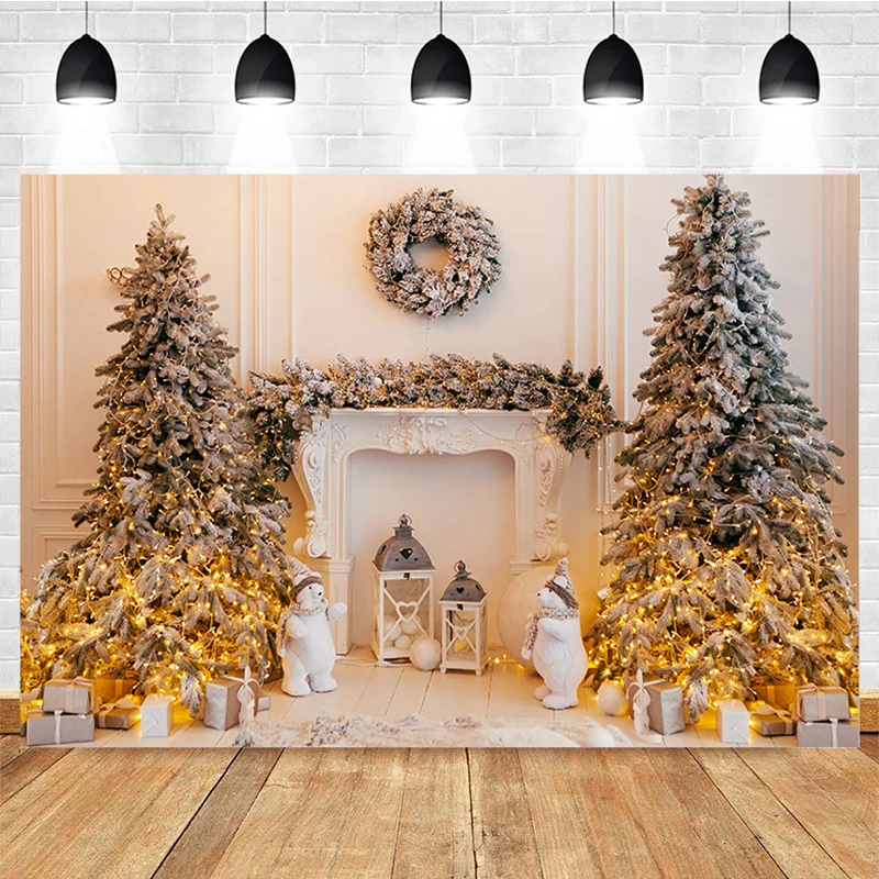 

Mocsicka Christmas Photography Background Fireplace Garland Christmas Tree Decoration Props Child Portrait Photo Backdrop Studio