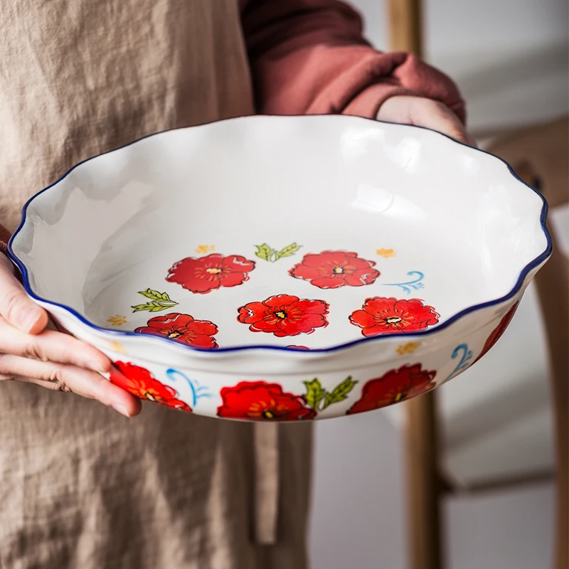 

Modern small fresh ceramic tableware with lid oven simple large soup pot red flower-shaped baking tray boiled fish plate LB81313
