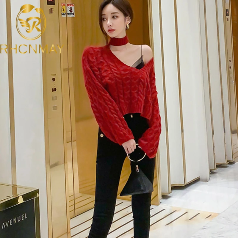 

Женский трикотажный свитер, асимметричный пуловер с открытыми плечами и V-образным вырезом, с длинным рукавом, осень 2020