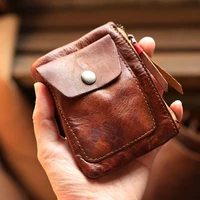 retro fashion high quality natural genuine leather fold coin purse casual mens and womens short mini cowhide coin purse