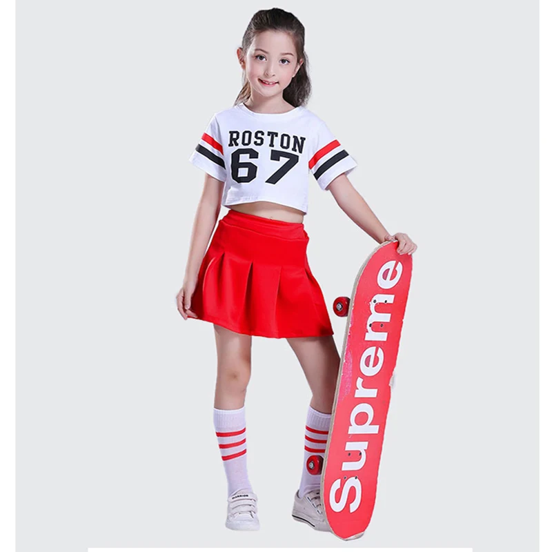 

Топ для выступления в команде Черлидинга для девочек костюм Короткие рукава и красная плиссированная юбка одежда для уличных танцев, спортивный наряд для аэробики
