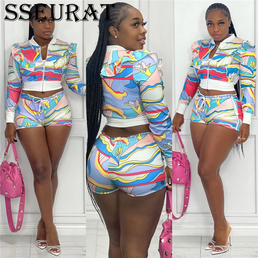 

SSEURAT Women Set Sexy Print Long Sleeve Ruffle Zipper Coat and Shorts Two Piece Set Fashion Autumn Tracksuit