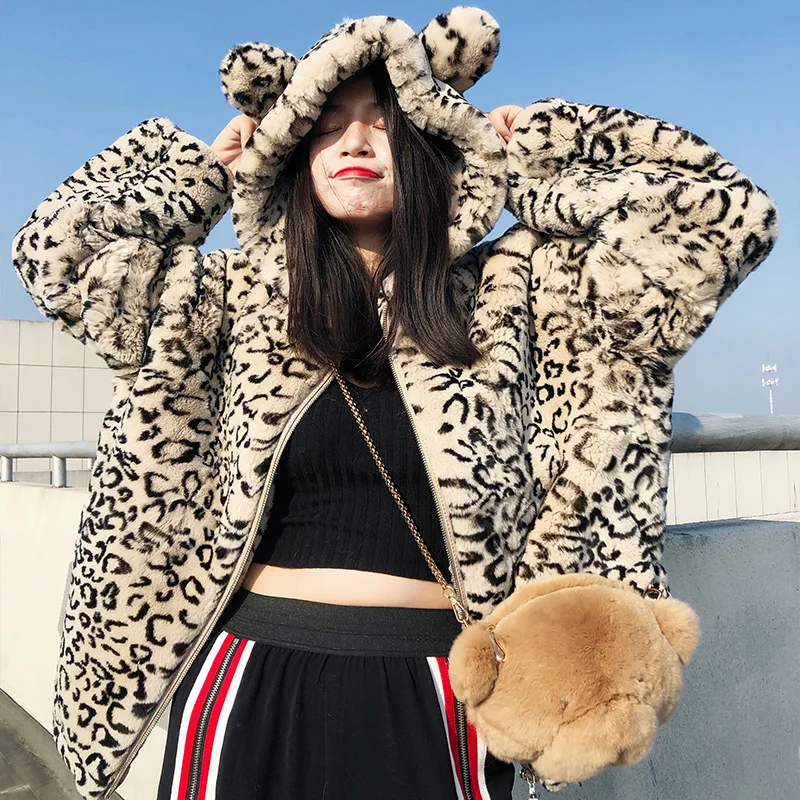 Пальто женское с капюшоном леопардовое Осень-Зима куртка мехом кролика Рекс Zjt1573