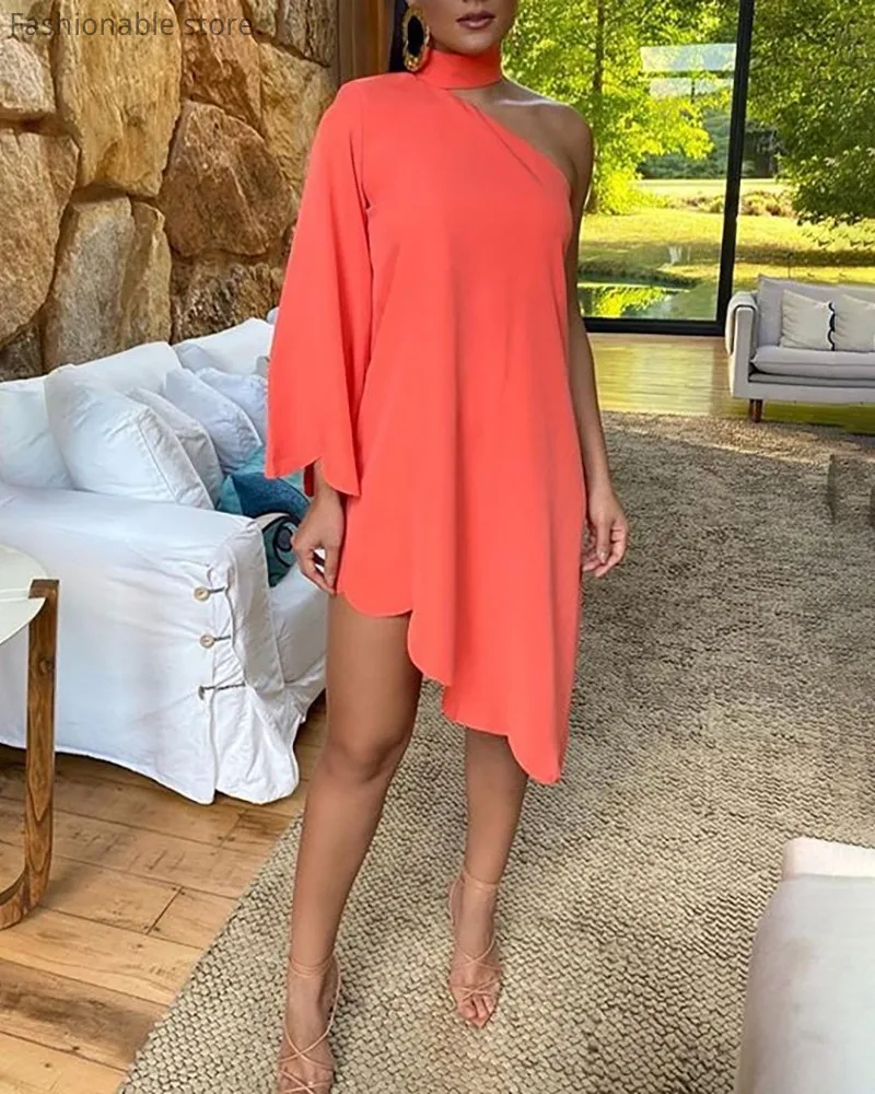 

One Shoulder Floral Print Long Sleeve Irregular Dress