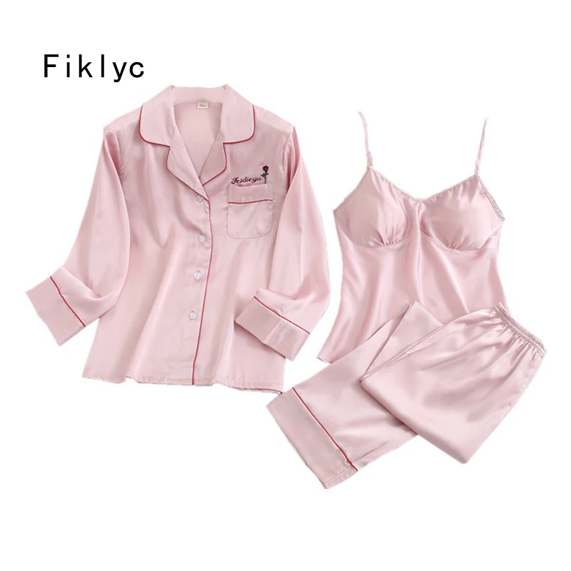 

Fiklyc underwear 3 pieces women's turn-down collar chest pad long pants pajamas sets autumn lady satin homewear femme pyjama set