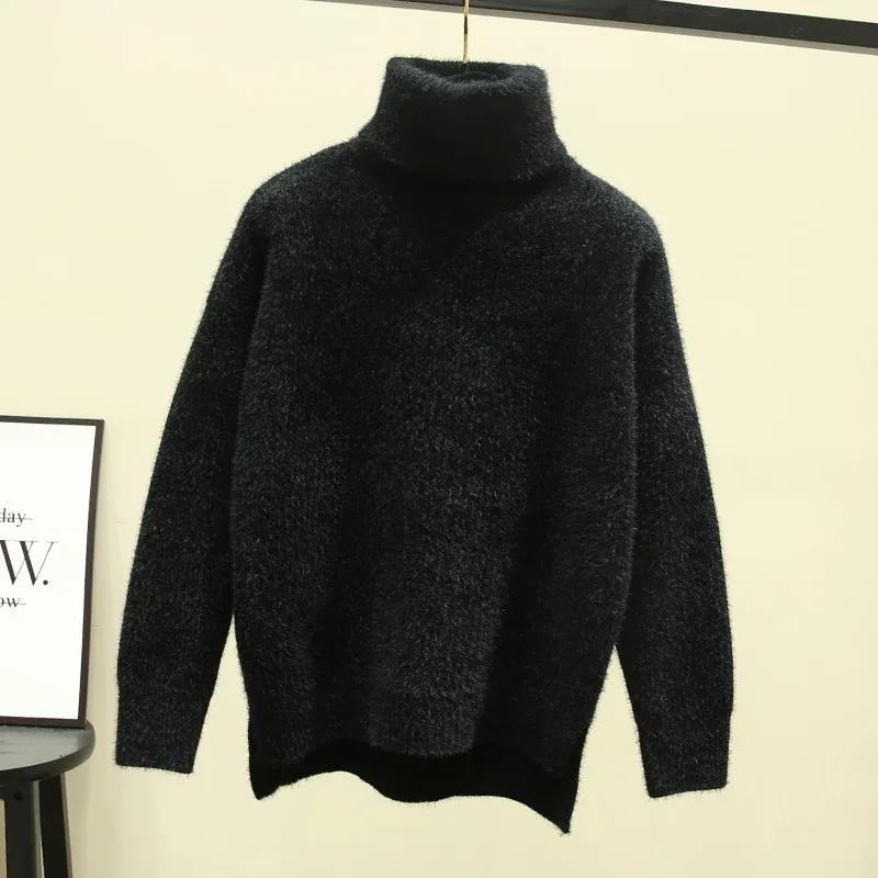 

Autumn winter loose 2019 new high-neck imitation mink velvet split fork thick knitted base sweater women's hedging
