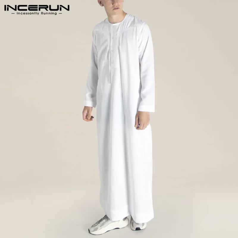 

Men Muslim Jubba Thobe Solid Color Long Sleeve O Neck Robes Islamic Arabic Dubai Caftan Abaya Saudi Arabia Kaftan Men INCERUN