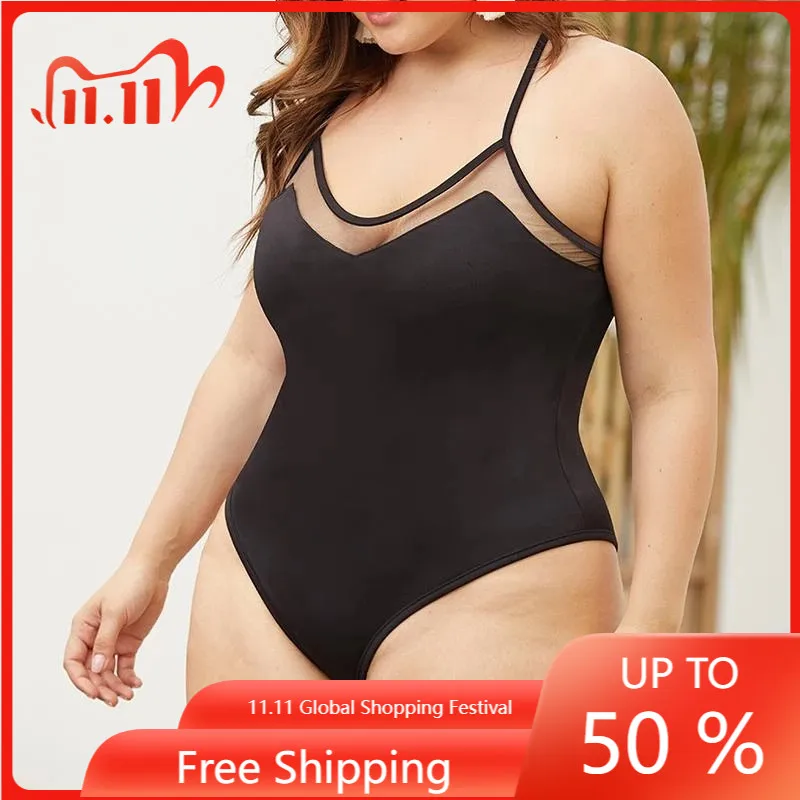 

Mesh Insert High Waist Plus Size Swimsuits V Neck Swimwear Push Up One Piece Swim Suit for Women Ladies Bathing Suits Black 4xl