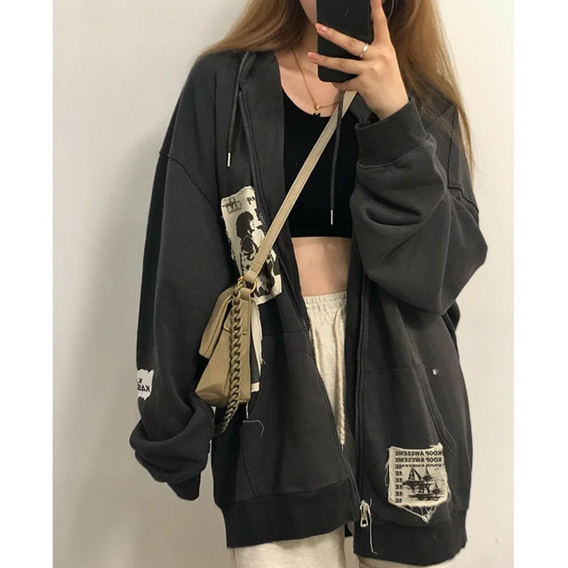 

Gothic Oversized Gray Women Hoodie Patchwork Black Sweatshirts 90s Vintage Style Autumn Zip-up Crop Tops