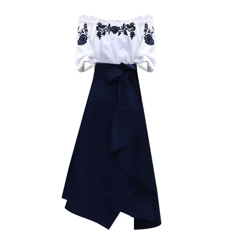 

Women printing T Shirt+Irregular ChiffonSkirts Suits Bowknot Solid Tops Vintage Floral Skirt Sets Elegant Woman Two Piece Set