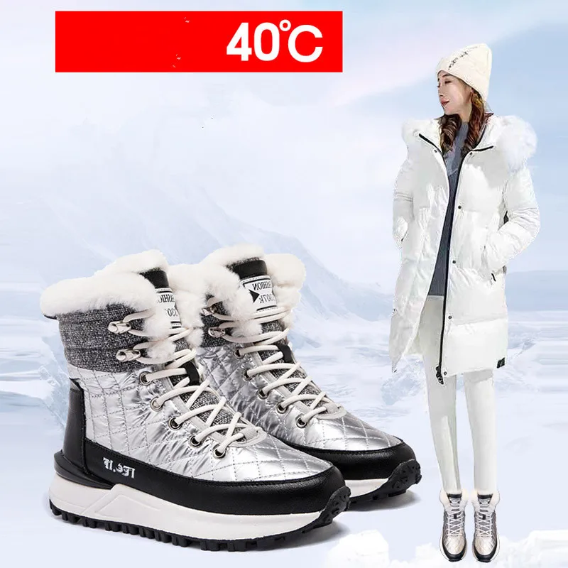2021 New Winter Snow Boots Thicken Keep Warm Fashion Flat With Boots Lace-up Plush Med (3cm-5cm) Breathable Water Proof Non-slip