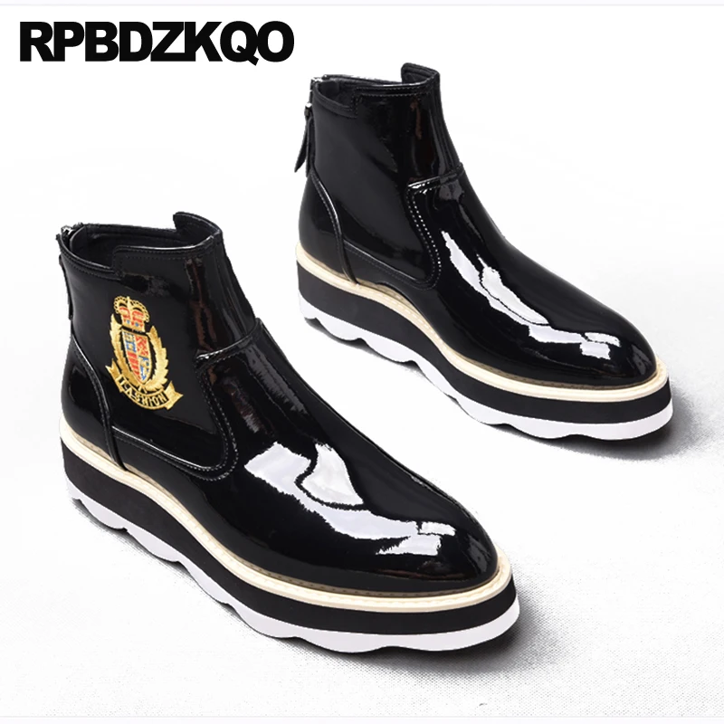 острый носок высокая подошва Harajuku мех мужские черные лакированные сапоги обувь