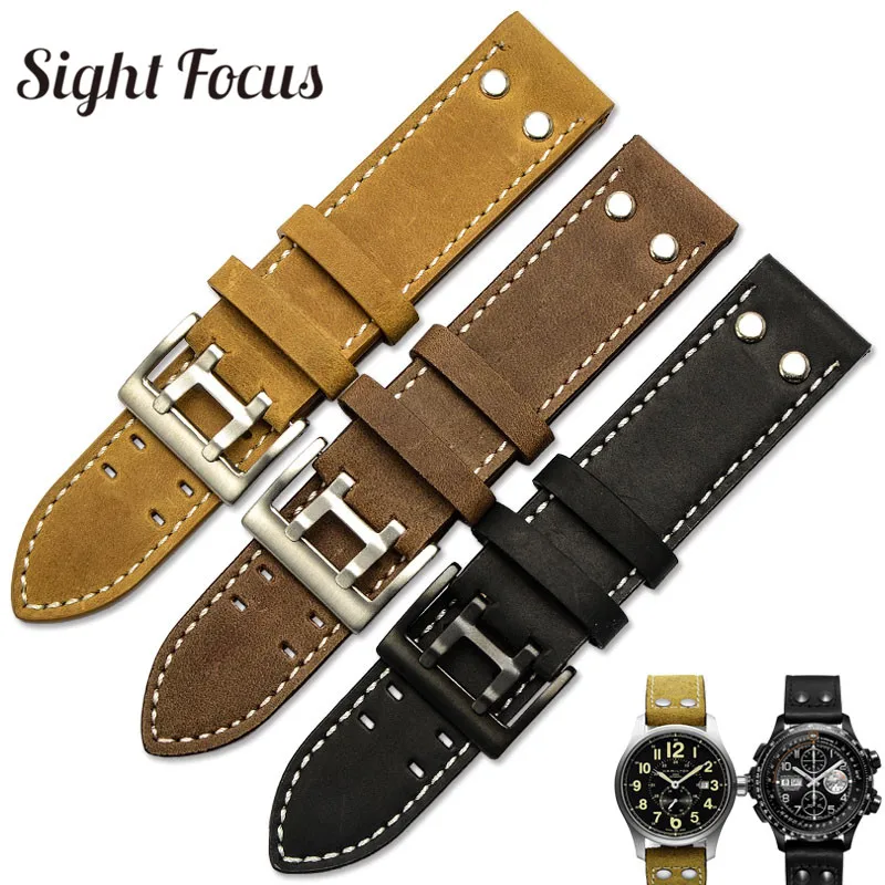 

20mm 22mm Crazy Horse Calf Leather Straps for Hamilton Watch Band Rivet Mens Military Pilot Khaki Field Aviation Watch Belts Uhr
