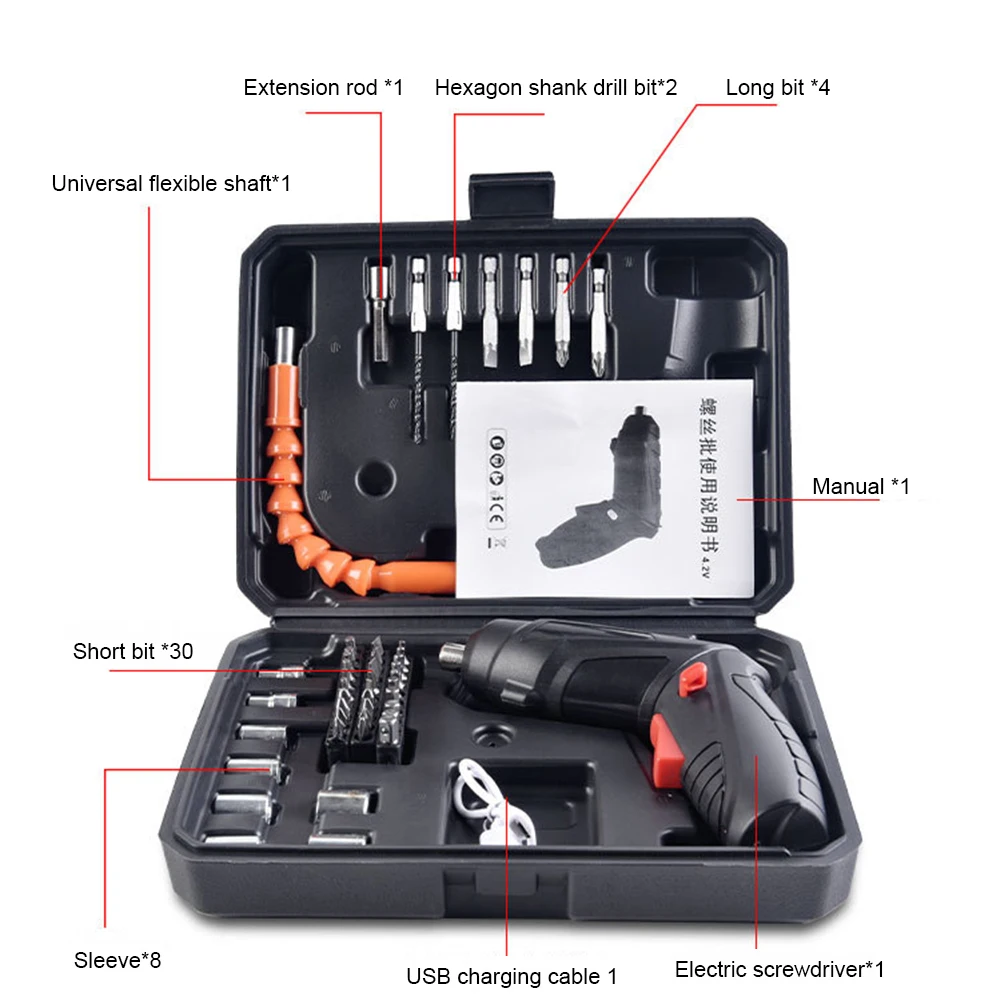 

4.2V Multi-function Electric Screwdriver with Light Cordless Power Drill USB Rechargeable Screwdriver Power Tools with Bits