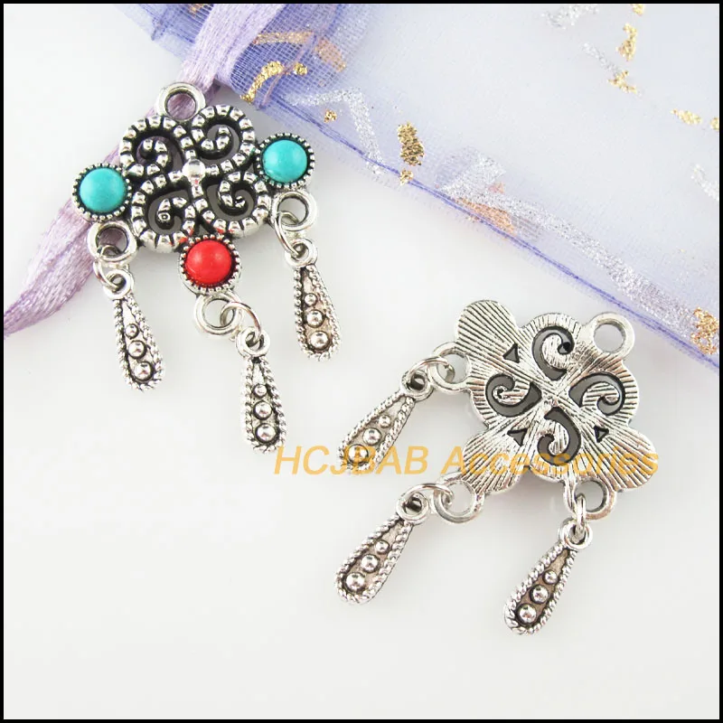 5 шт. Тибетский Серебряный тон китайский узел цветной камень каплевидные