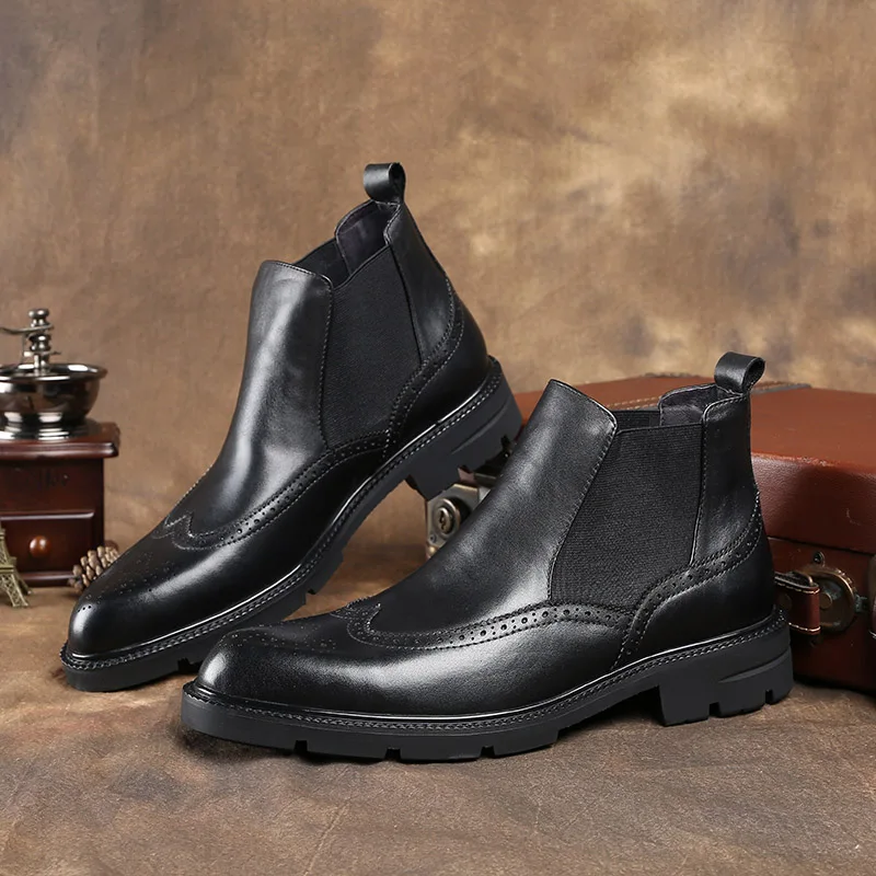 Модные черные/коричневые классические ботинки мужские челси из натуральной кожи