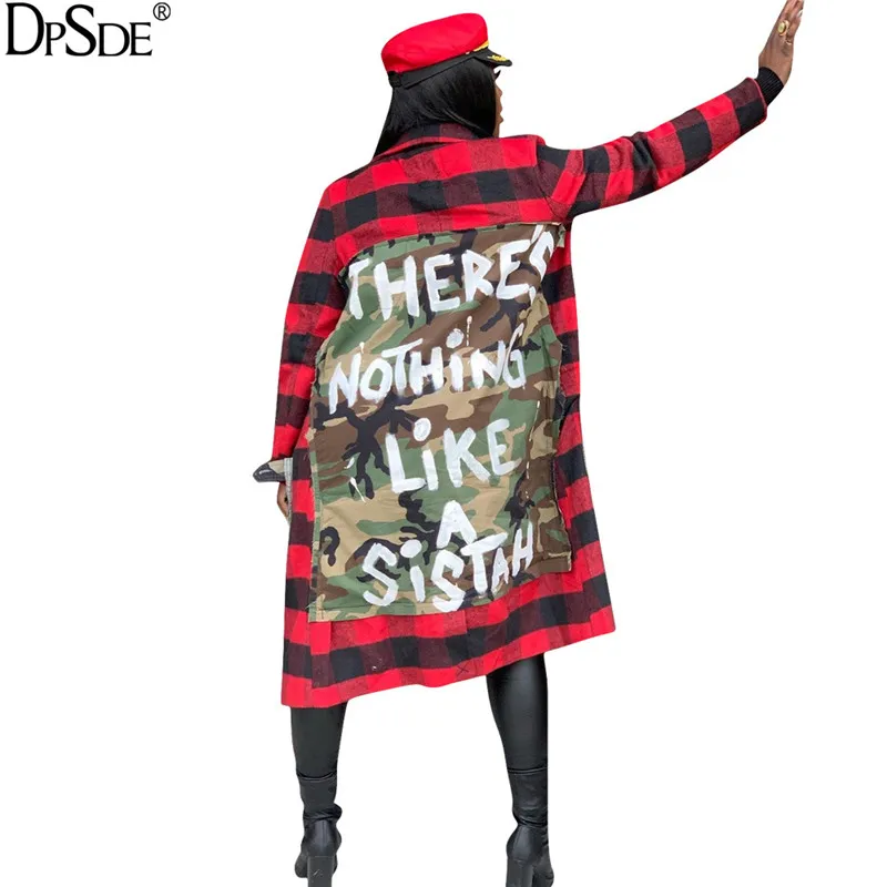 Женское Удлиненное пальто DPSDE красное с длинным рукавом надписями Повседневная