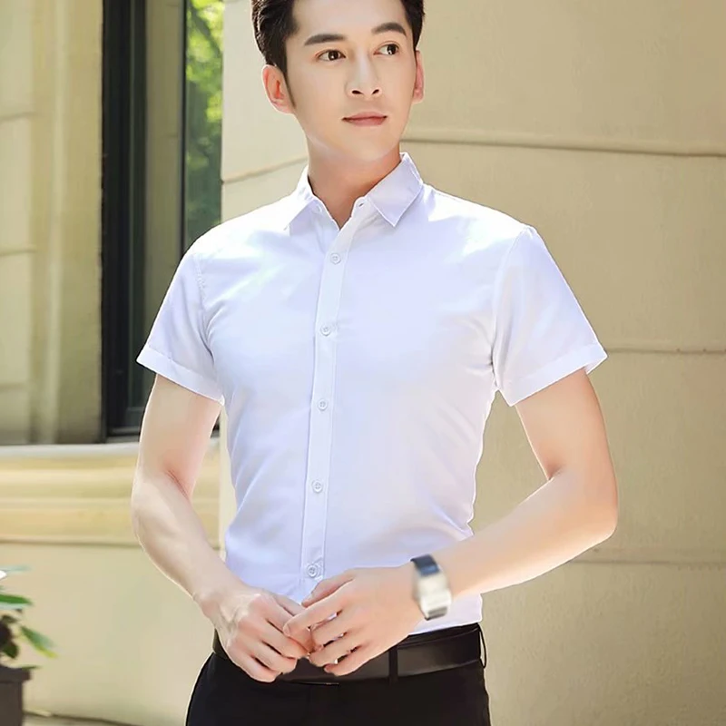 Мужская летняя рубашка Офисная корейский стиль тонкая одноцветная деловой с
