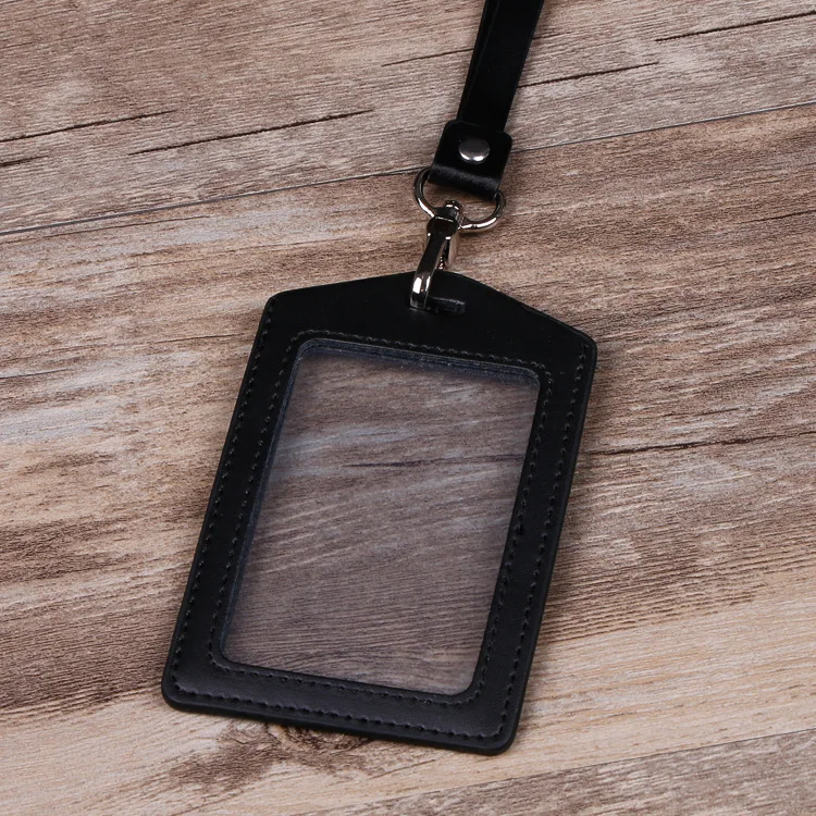

Horizontal and vertical leather work card student ID card holder unit double transparent chest leather card holder