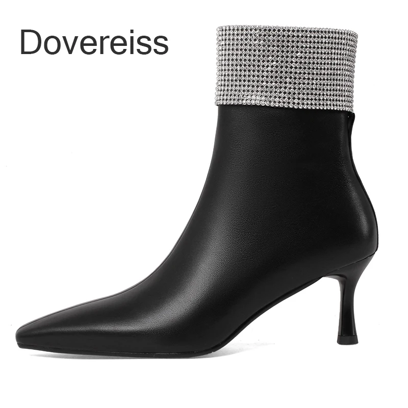 

Dovereiss Fashion Clear Heels Winter Pointed toe High Heels 6.5CM Genuine Leather Ladies Boots Short Boots Mature Zipper 33 40