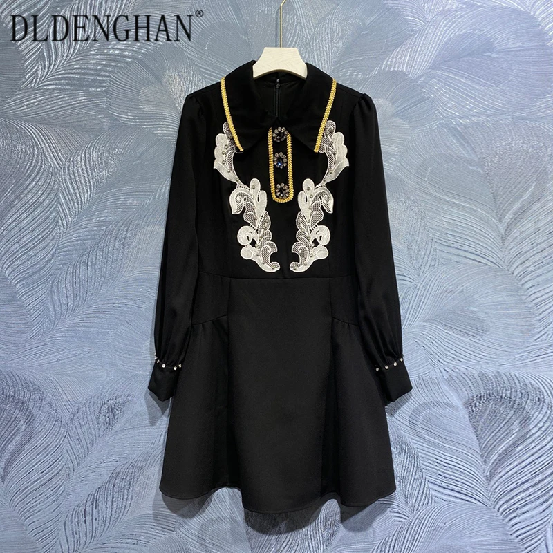 

DLDENGHAN Fashion Embroidery Autumn Dress Women Turn-down Collar Long Sleeve Diamonds Black Vintage Mini Dresses