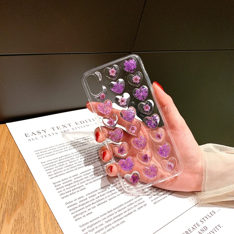 Cute 3D Love Heart Dried Flower Phone Case for iphone 11 Pro Max 6 6S 7 8 Plus X XS XR Real Soft TPU Back Cover |