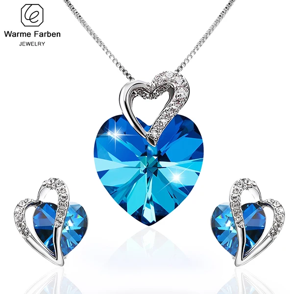 Ювелирный Набор для женщин с кристаллами Swarovski, ожерелье с подвеской в виде сердца из голубого хрусталя, серьги-гвоздики, подарочный набор - Цвет камня: jewelry set