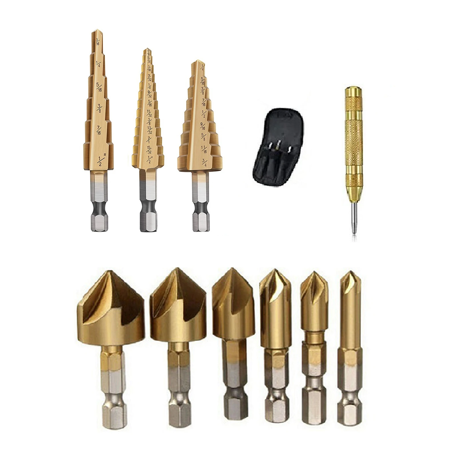 

11 Pieces Step Drill Bit Set High-Speed Steel Set with Automatic Spring Loaded Center Punch Countersink Drill Bit Tools