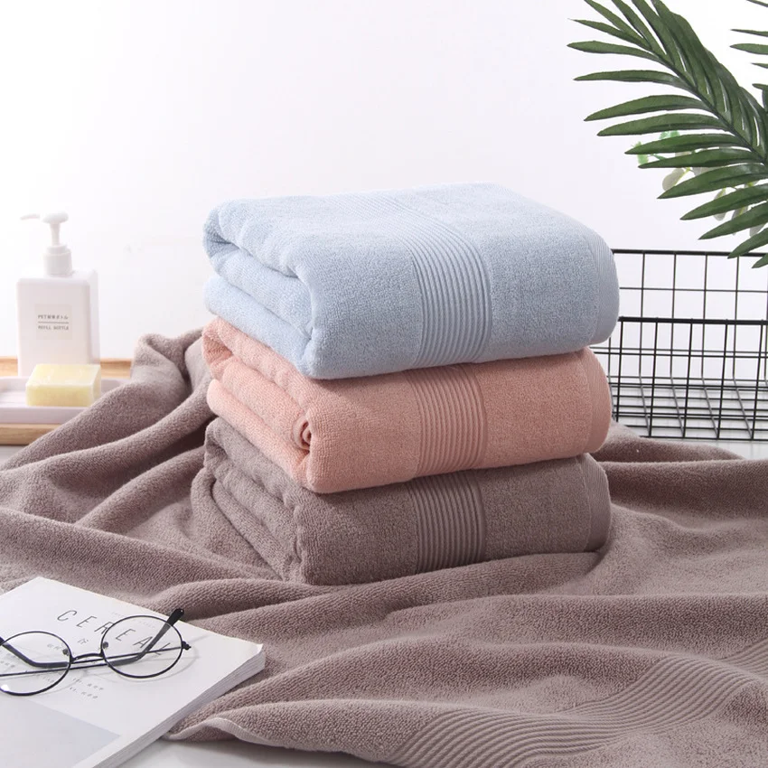 

Household Pure Cotton Bath Towel No Fade Strong Water Absorption Bathing Towel Rectangle Solid Color Stripe for Home Bathroom