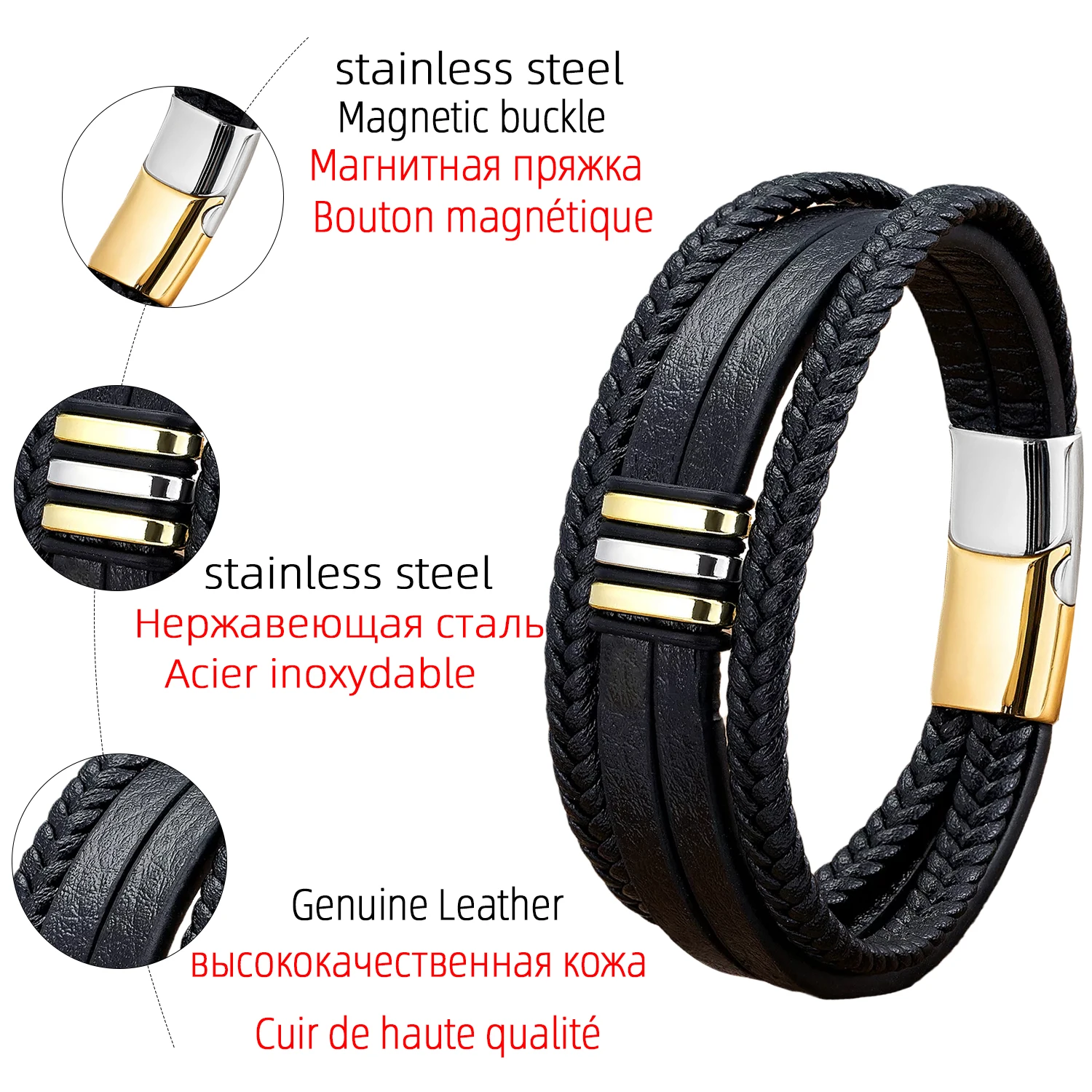 

High Quality Genuine Leather Bracelet For Men Charm Design Women Bracelets Stainless Steel Metal Luxury Male Jewelry Accessories