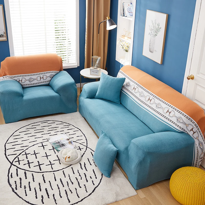 Эластичный чехол для дивана растягивающийся клетчатый в гостиную полностью