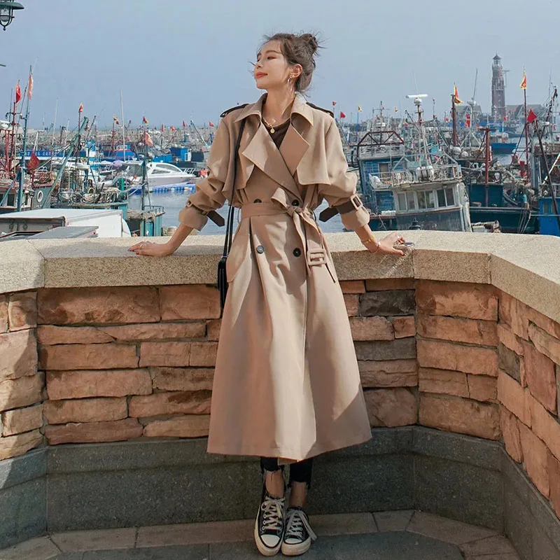 

Harajuku Mid-length Women Black Trench Coat Plus Sashes Casual Loose Autumn 2021 Elegant Casaco Feminino Windbreaker Outerwear