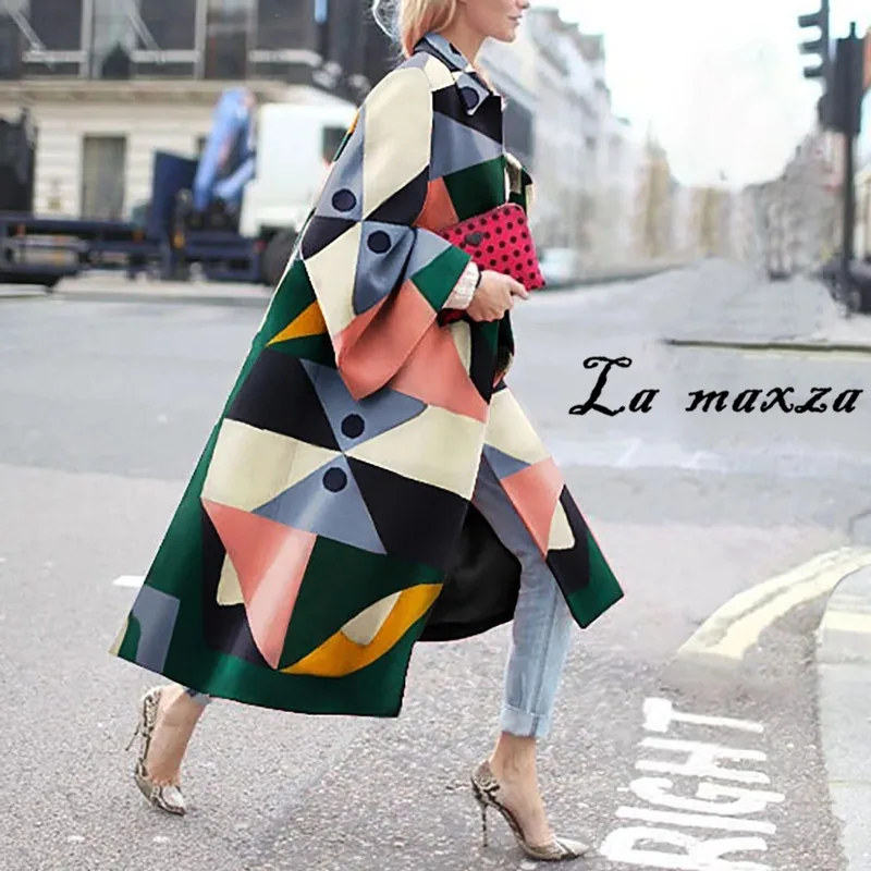 Winter Women Loose Wool Plus Size Coat Plaid Print Elegant Ladies Long Coat