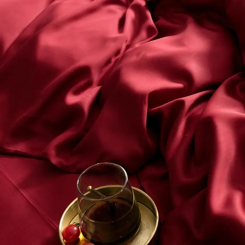

50 Luxury 100% Silk Bedding Set 60S Wine Red Silk Healthy Skin Beauty Duvet Cover Set Flat Sheet Pillowcase Bed Set For Women