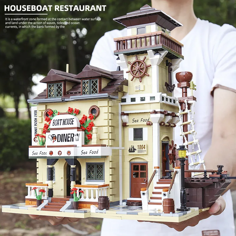 

2021 The Dive Shop Fishing Lighthouse and Boat House Diner Model Building Blocks Bricks Educational Toys Kids Birthday Gifts